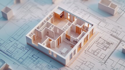 3d model of a house plan on blueprint paper.