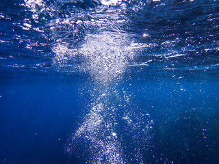 Bubbles under the sea in the crystal clear green sea water. Mediterranean sea bubbles, Air bubbles...