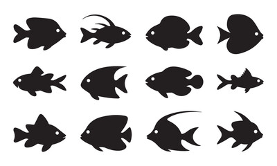 Twelve black silhouettes of various fish species