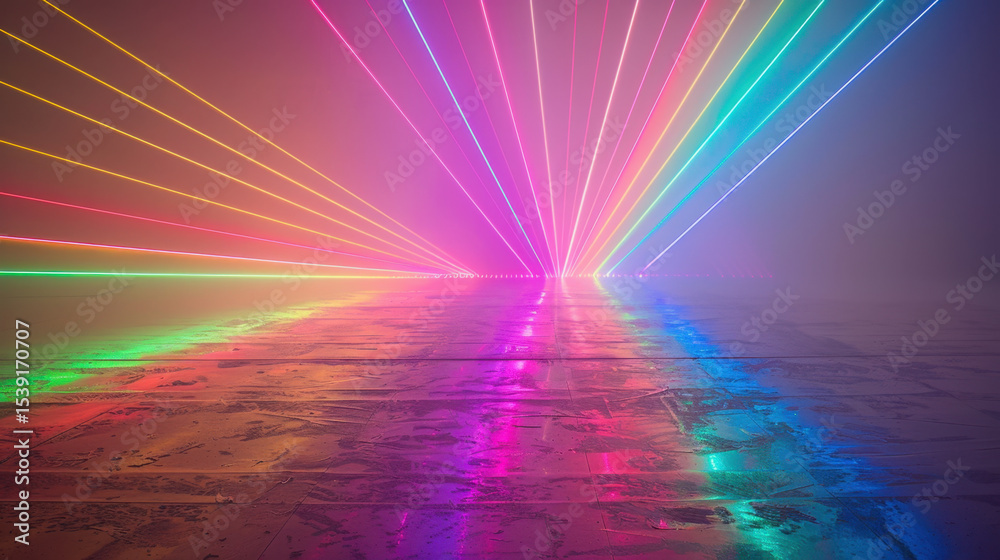 Poster colorful light rays creating vibrant display in misty environment, illuminating reflective surface w