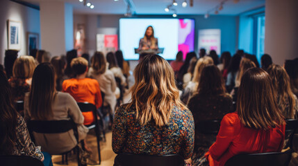 Diverse audience watching female speaker during business event
