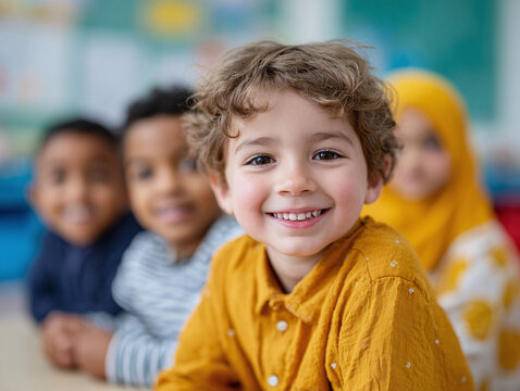 Smiling diverse group of kids. Represents childhood, education, friendship, and unity. Ideal for school materials, parenting blogs, or early learning campaigns.