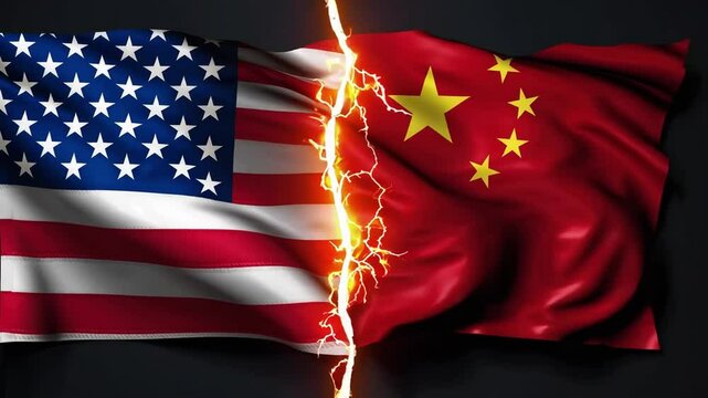 The USA and China flags wave on opposite sides, split by a fiery crack in the ground a sharp, cinematic metaphor for high-stakes political conflict