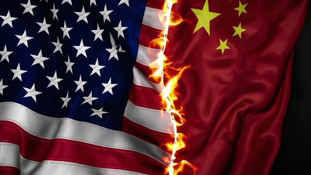 The USA and China flags wave on opposite sides, split by a fiery crack in the ground a sharp, cinematic metaphor for high-stakes political conflict