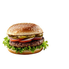 Delicious Sesame Seed Burger with Fresh Lettuce, Tomato, and Pickles on a Juicy Beef Patty on transparent background