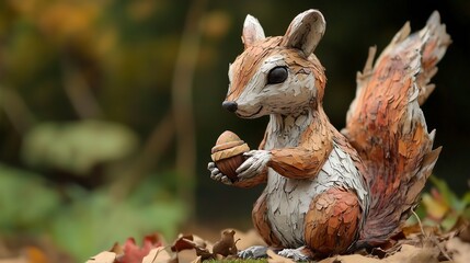 Obraz premium Cute handcrafted squirrel figure holds an acorn in a serene autumn setting.