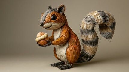 A whimsical brown squirrel crafted from straw holds a cupcake, showcasing artistic creativity.