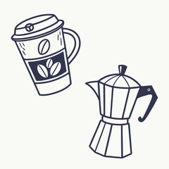 Dark Blue Line Drawing Coffee Cup Moka Pot Espresso Beans Cafe Illustration espresso maker