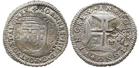 Portugal D. Pedro II (1683-1706) Orla nova meio cruzado de Évora de D. João IV com carimbo 2S0