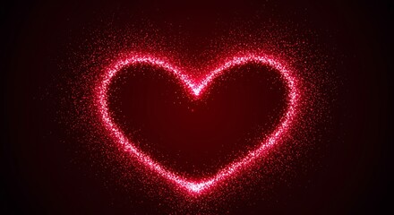 Sparkling red heart created from glittering particles against a dark red background