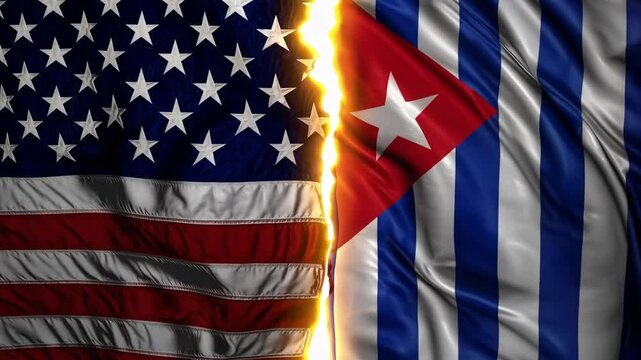 US and Cuba flags wave across a burning crack in the ground, symbolizing decades of strained relations, division, and unresolved political tension