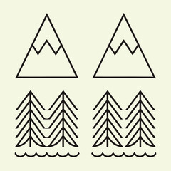Obraz premium Minimalist Black Line Art Mountain Range and Pine Trees Water Landscape Design Illustration