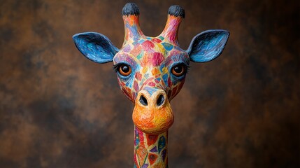 A colorful giraffe sculpture with vibrant patterns against a warm backdrop.