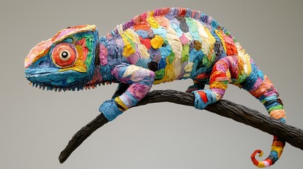 A vibrant, multi-colored chameleon sculpture resting on a branch, showcasing artistic creativity.