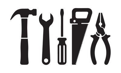 Black and white tool icons set for diy projects