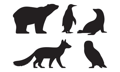 Arctic animal silhouettes set polar bear penguin seal fox owl