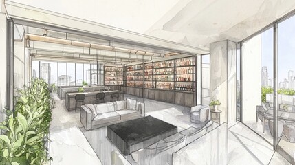 Interior design sketch of a modern penthouse lounge area.