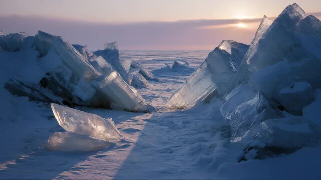 An icy landscape with large ice blocks on the shore of a frozen lake or sea, illuminated by soft morning light. Intricate patterns in the snow and ice, creating an otherworldly atmosphere.