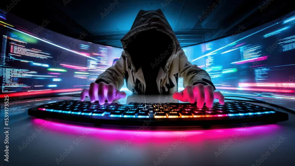 Poster A hooded hacker typing on a keyboard in front of a computer screen, surrounded by a colorful glow and code lines, creating an atmosphere of cyber security in a high-tech environment.