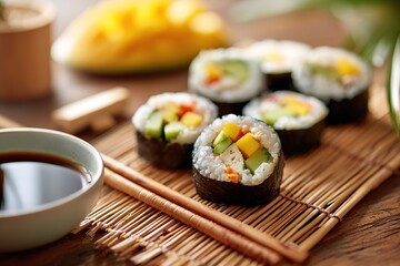 Vegan sushi rolls with cucumber and mango served on a bamboo mat