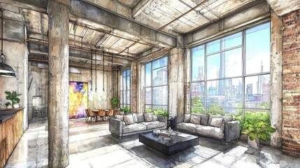 Industrial loft interior design sketch with city view.