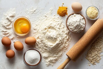 Baking ingredients arranged on a rustic countertop for cooking preparation