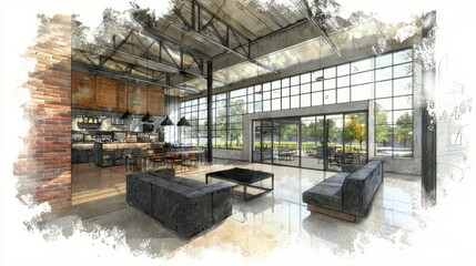 Industrial style cafe interior design sketch.