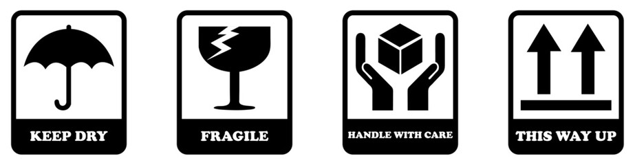 Shipping handling symbols fragile keep dry handle with care packaging safety information guide labels on white background. Shipping symbols for packaging