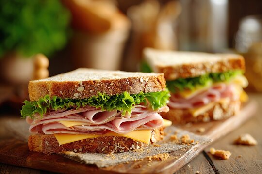 Delicious sandwich stacked with ham, melted cheese, and fresh lettuce on rustic wooden board