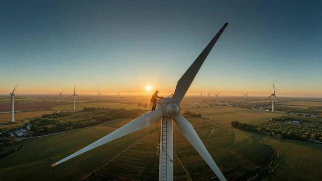 Scene of Technician Ascending Wind Tower Safely