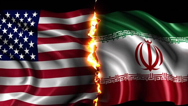The flags of the US and Iran wave across a flaming crack in the earth, representing hostile relations and symbolic geopolitical confrontation
