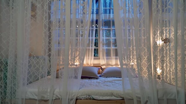 A white lace curtain sways gently against a large window with bright stars sparkling behind it. A baby cot is enveloped in the warm light of a night light. A peaceful atmosphere of serenity