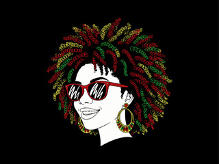afro hair girl silhouette, afro girl face silhouette, black girl woman wearing sunglasses, girl smiling, juneteenth vector