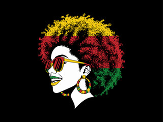 afro hair girl silhouette, afro girl face silhouette, black girl woman wearing sunglasses, girl smiling, juneteenth vector