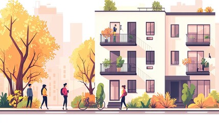 Autumnal city street scene with pedestrians and buildings.