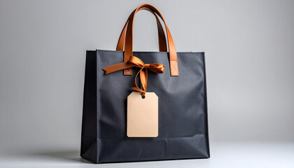 Dark Grey Fabric Tote Bag with Brown Leather Straps and Gift Tag
