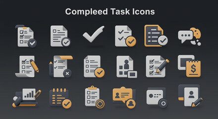 A collection of fifteen different completed task icon designs on a dark gray background with soft lighting