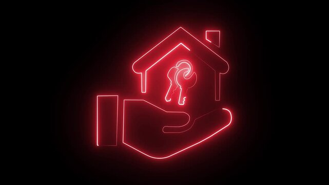 animation The process of designing is expressed by bright neon lines business sustainability in an organization. Neon line of hand holding house icon with key sign.