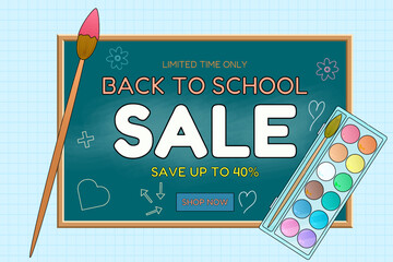 Back to school sale banner with chalkboard, watercolor set, and paintbrush. Creative school promotion concept on graph background. For seasonal shopping advertisement, online store, marketing material