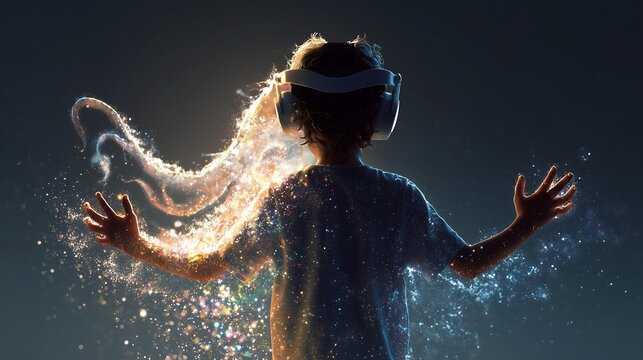 Child sculpting with light in the metaverse, symbolizing limitless creativity and imagination in the digital age. Future of art and education technology