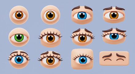 A collection of twelve cartoon eyes with different colors and expressions on a light blue background