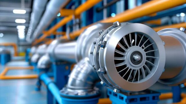 Industrial machinery at a manufacturing plant showing detailed turbine and pipe system during daytime operations