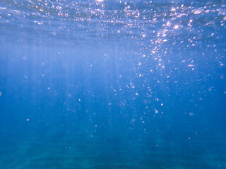 Bubbles under the sea in the crystal clear green sea water. Mediterranean sea bubbles, Air bubbles...