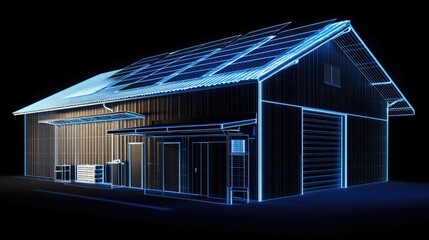 A modern shed with solar panels, outlined in bright blue light.