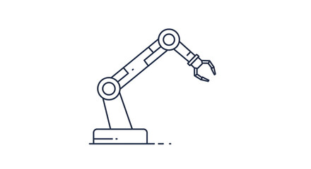 A simple line drawing of a robotic arm with joints and a gripper on a white background illustration