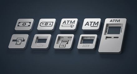 Illustration of atm icons showing money deposit withdrawal and transaction on a dark blue background