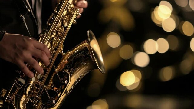 A man playing a saxophone. The saxophone is gold and the man is playing it. The  has a mood of elegance and sophistication