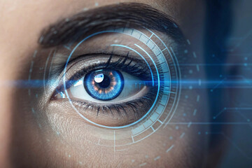 Human eye with digital scanner interface, showcasing technology and future vision concepts in a biometric scan