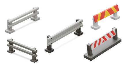 Isometric illustration of five different road barriers with varying designs and color schemes on white background