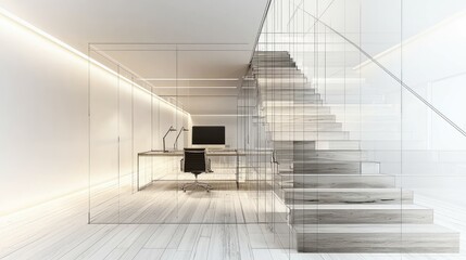 Modern office interior design sketch with glass partitions and wooden stairs.